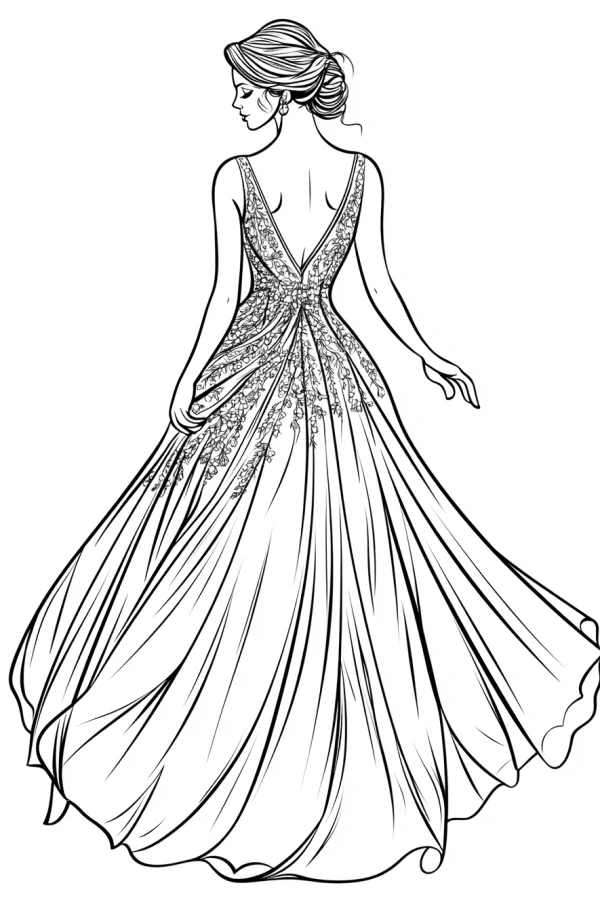 Back view of a girl in a floor-length low-back gown with floral embroidery, fashion illustration style — free printable fashion coloring book page