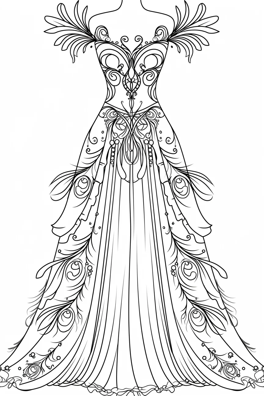 Decorative elegant gown, art nouveau and decorative art style — highly detailed — line art coloring page — for kids and adults of all ages