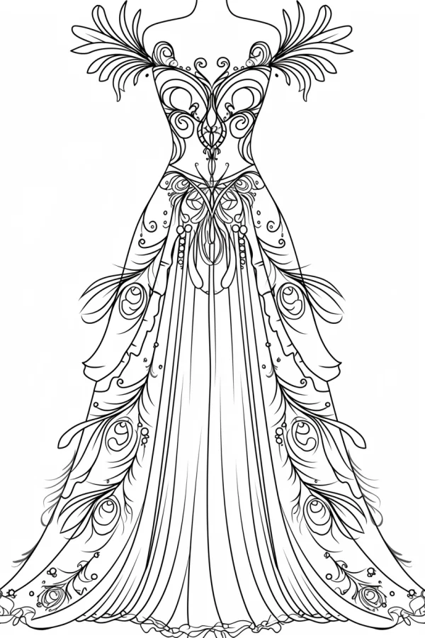 Decorative elegant gown, art nouveau and decorative art style — free printable fashion coloring book page