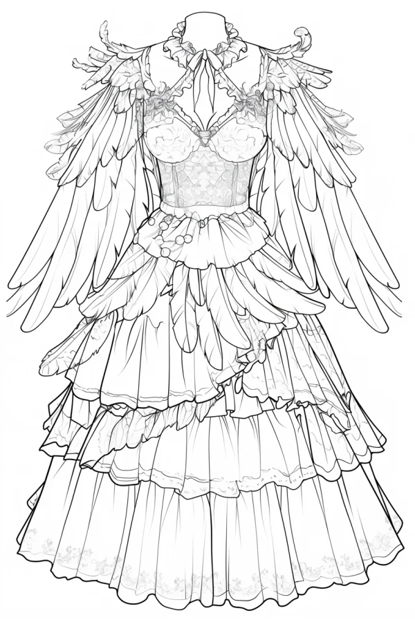 Gorgeous winged lolita dress, shoujo style — free printable fashion coloring book page