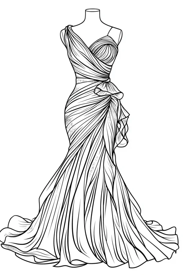 Mannequin with mermaid-style evening gown, fashion line art illustration — free printable fashion coloring book page