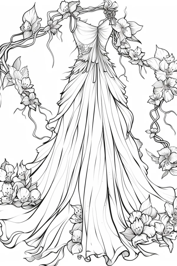 Elegant gown surrounded by delicate flowers and vines, line art style — free printable fashion coloring book page