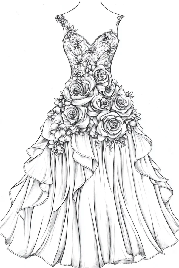 Wedding dress decorated with roses and floral embroidery, sketch style — free printable wedding coloring book page
