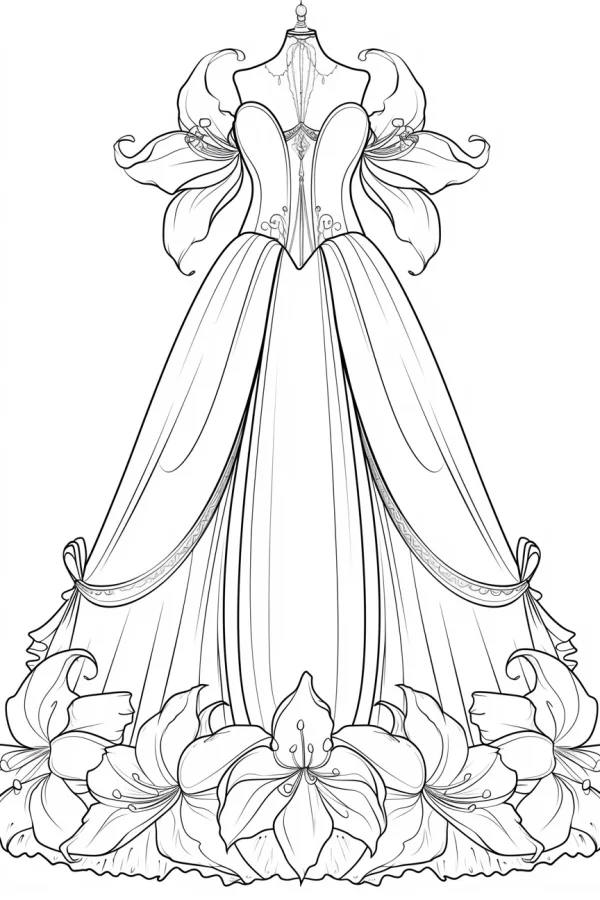 Coloring book page, lily-decorated wedding dress on a dress form — free printable wedding coloring book page