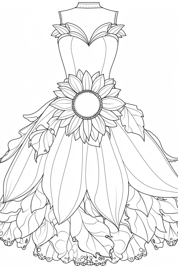Sunflower decorated strapless gown, cartoon style — free printable fashion coloring book page