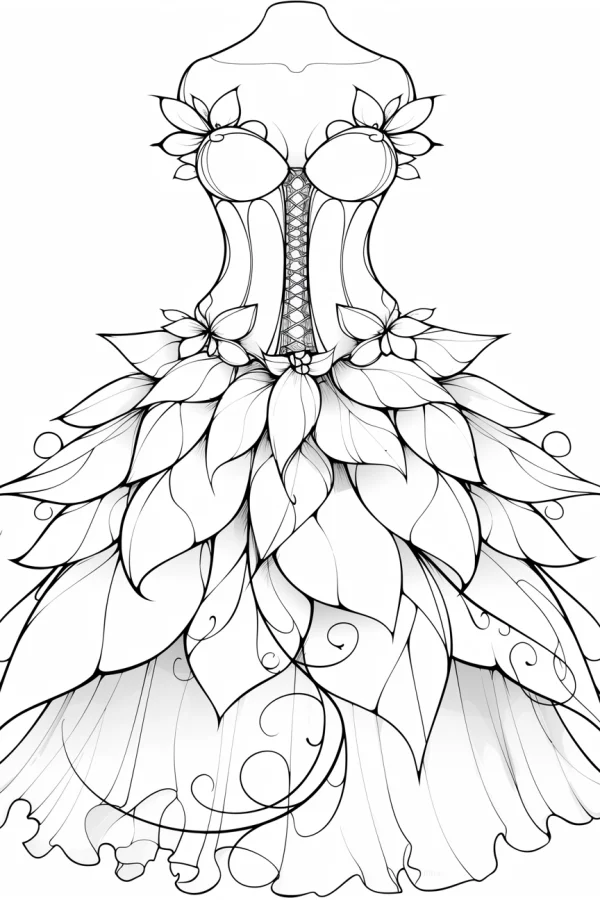 Floral petal dress on mannequin, art nouveau style — free printable fashion coloring book page