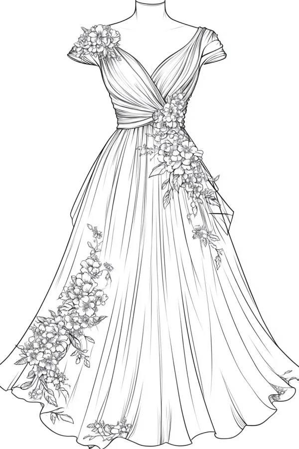 Wedding dress adorned with intricate floral patterns, realistic illustration style — free printable fashion coloring book page