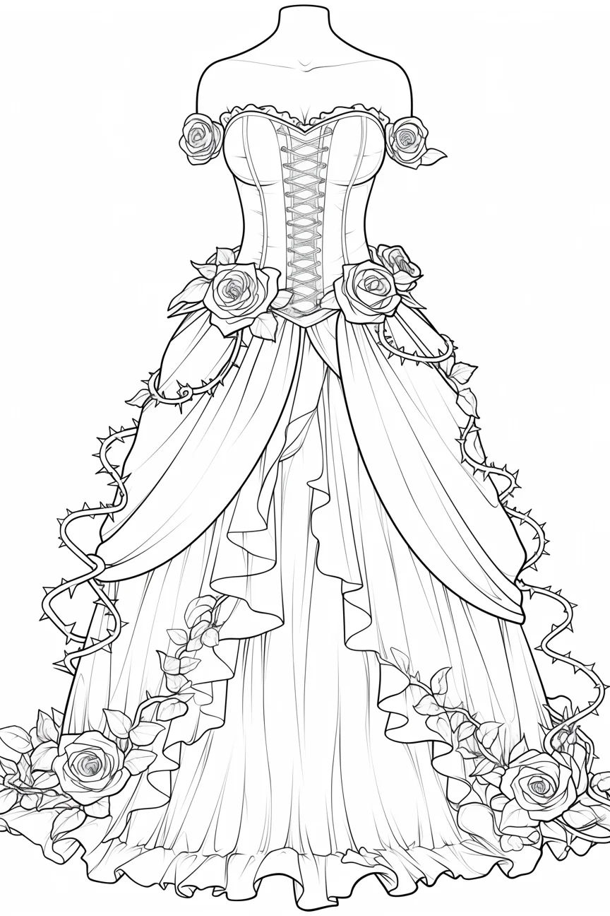 Elegant off-shoulder ball gown decorated with roses and thorny vines, art nouveau style — moderate detail — line art coloring page — for kids and adults of all ages