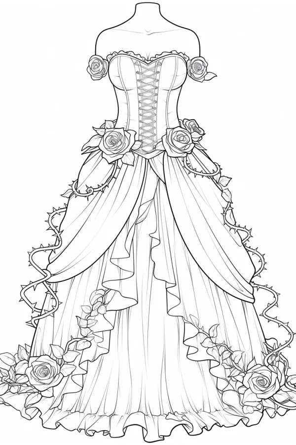 Elegant off-shoulder ball gown decorated with roses and thorny vines, art nouveau style — free printable fashion coloring book page