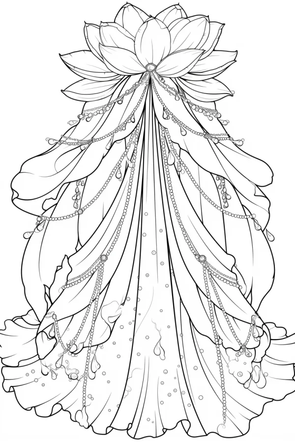 Lotus-shaped evening gown, illustration style — free printable fashion coloring book page