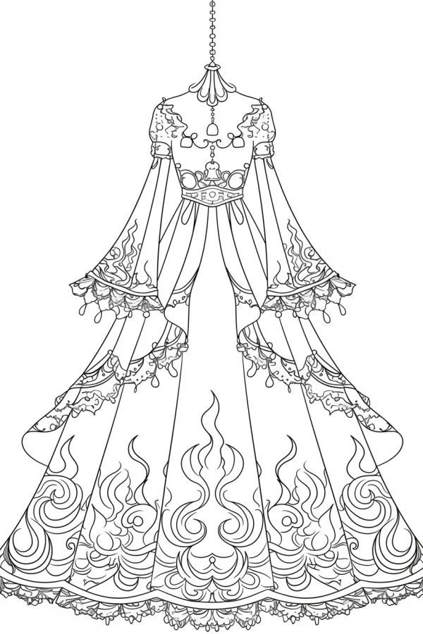 Luxurious ornate gown, art deco style — free printable fashion coloring book page