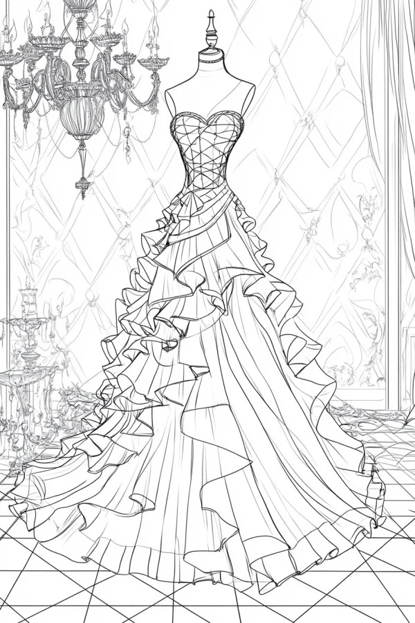 Elegant ball gown on dress form, vintage european interior with chandelier — free printable fashion coloring book page