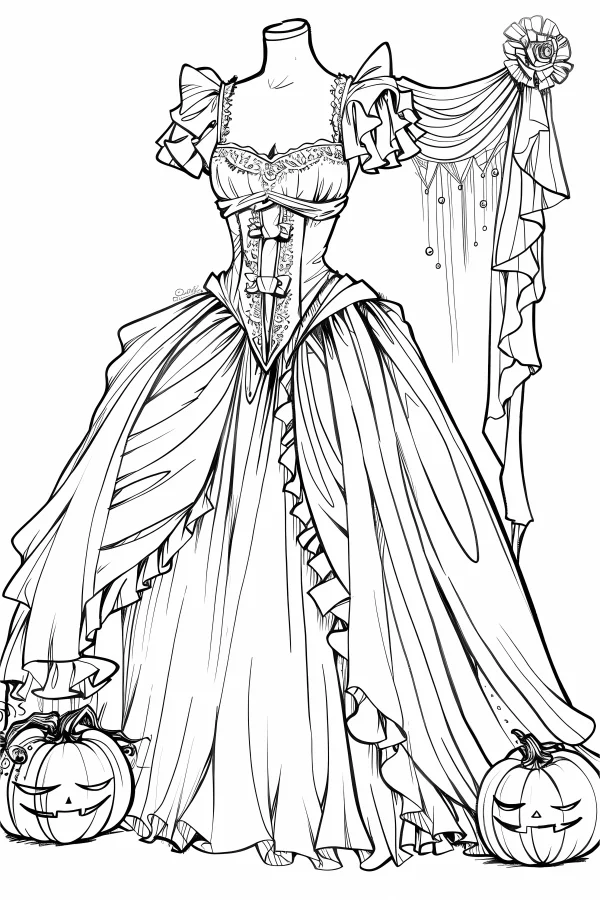 Vintage halloween-themed gown on a mannequin, paired with cute sleepy pumpkins — free printable fashion coloring book page