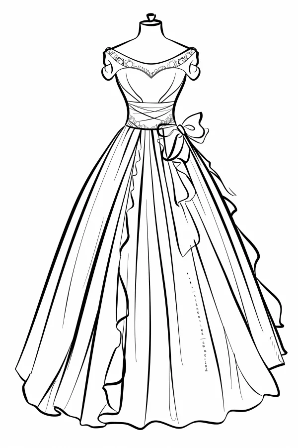 Mannequin with elegant wedding dress, realistic illustration style — free printable fashion coloring book page