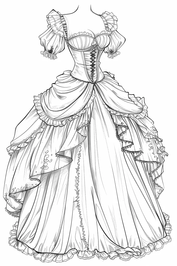 Headless vintage rococo court gown, detailed lace — free printable fashion coloring book page