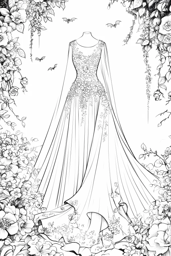 Long evening gown on mannequin surrounded by detailed floral patterns and small bats, line art style — free printable fashion coloring book page