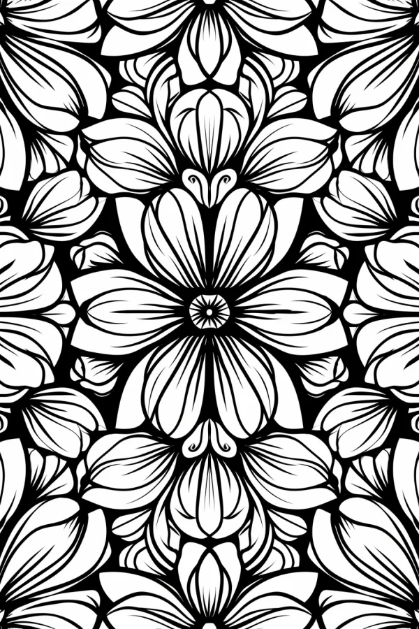 Symmetric floral patterns, decorative art style — free printable abstract coloring book page