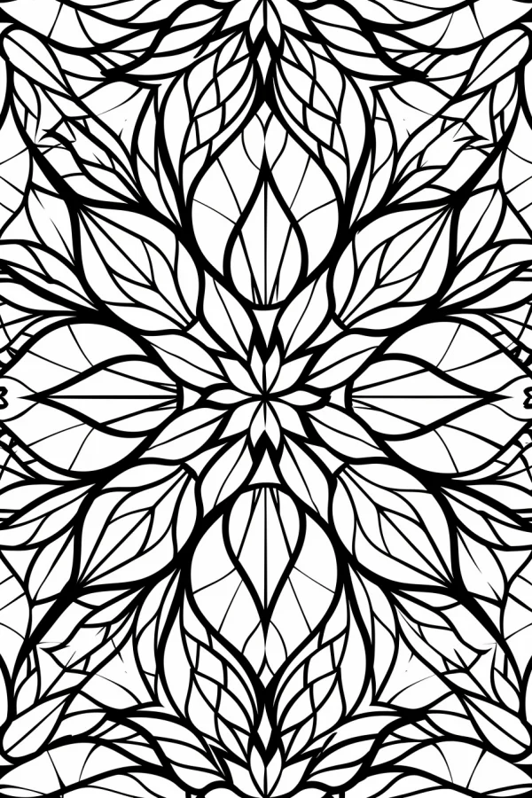 Symmetrical leaf mandala, abstract art style — free printable abstract coloring book page
