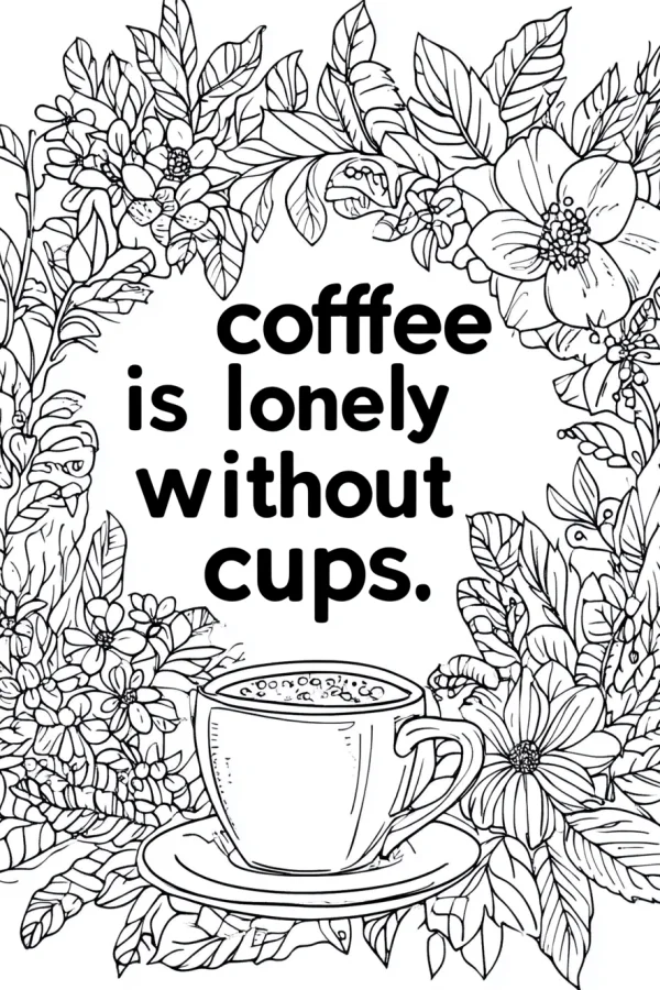 Coffee cup with saucer surrounded by flowers and leaves, hand-drawn sketch line art — free printable leisure coloring book page
