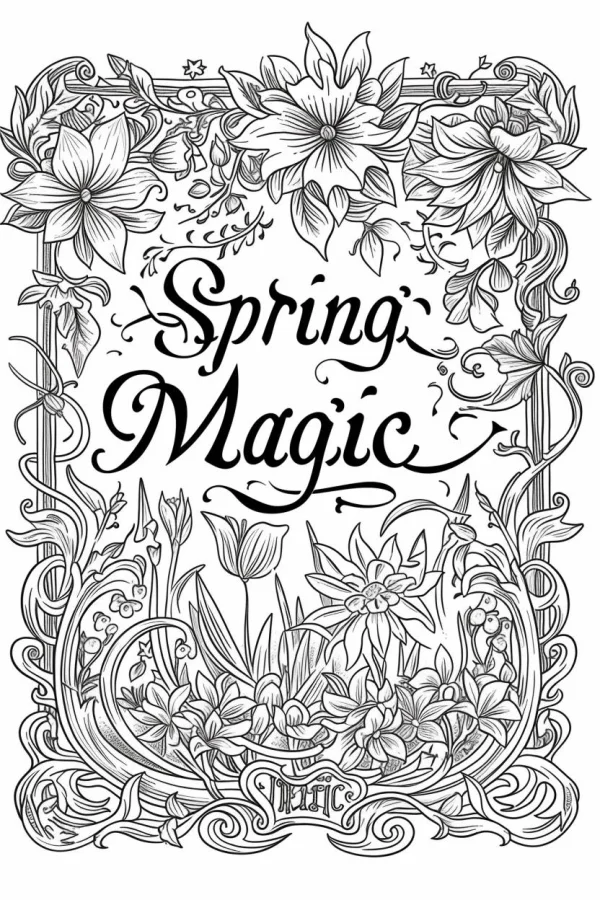 Decorative floral border with 'spring magic' art text, art nouveau style — free printable spring coloring book page