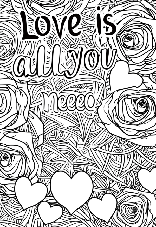 Roses and hearts, decorative art style — free printable valentine's day coloring book page