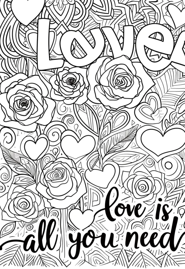 Valentine's day themed  roses and hearts with text 'love' and 'love is all you need', zentangle style — free printable valentine's day coloring book page