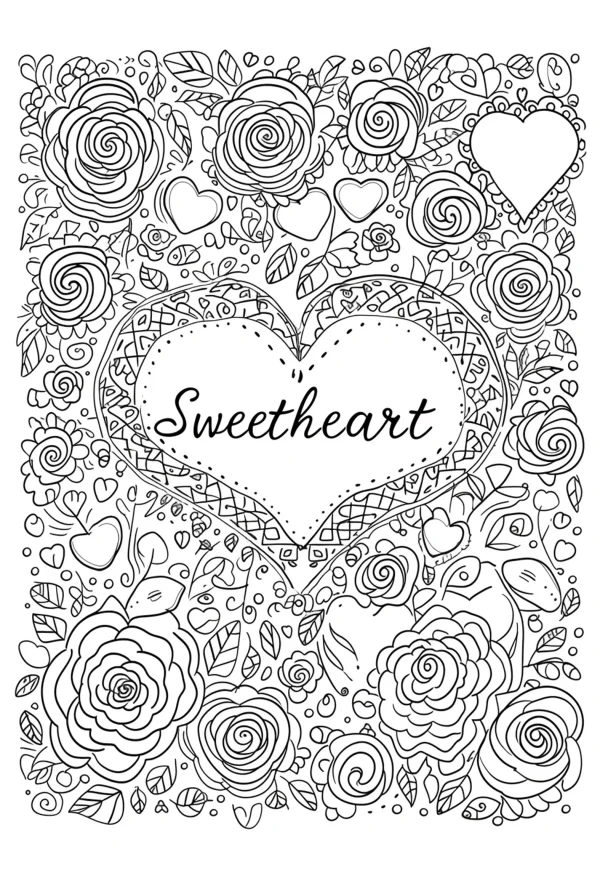 Heart with 'sweetheart' text surrounded by roses and small hearts, decorative art style — free printable valentine's day coloring book page