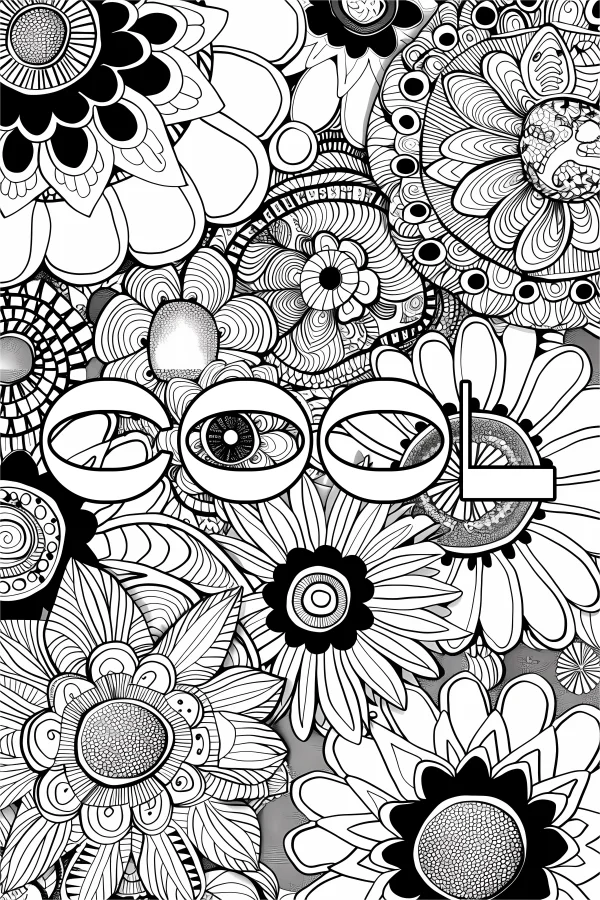 Floral mandala and zentangle art combination, intricate  hidden 'good' text and eye pattern — free printable abstract coloring book page