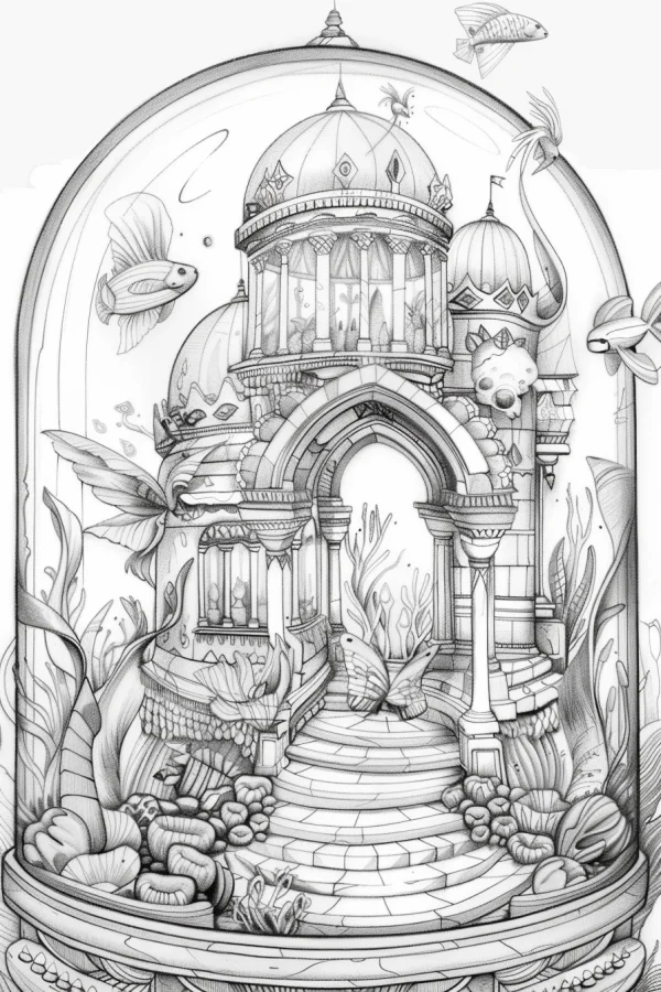Glass dome containing an underwater castle, fantasy style — free printable architecture coloring book page