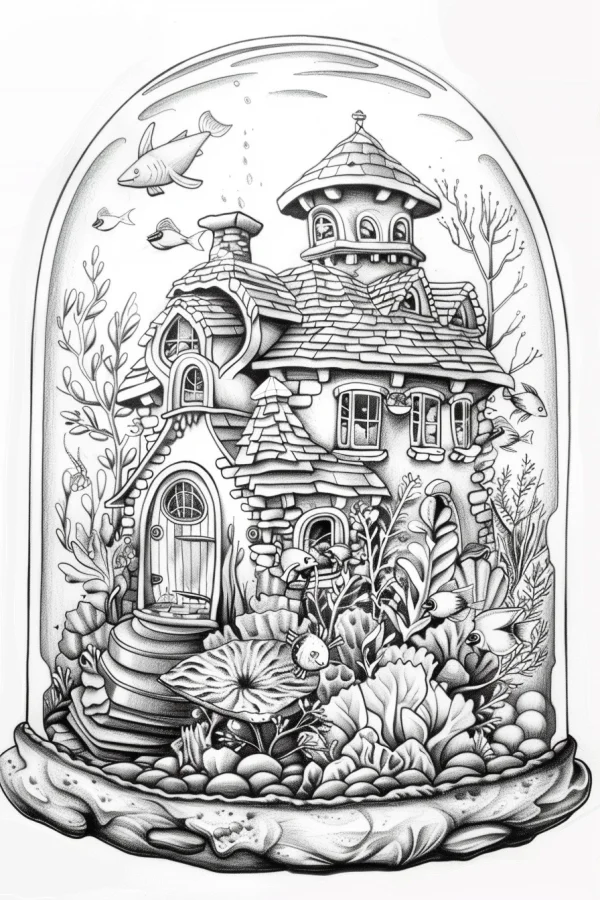 Underwater fairy tale cottage, fantasy illustration style — free printable ocean coloring book page