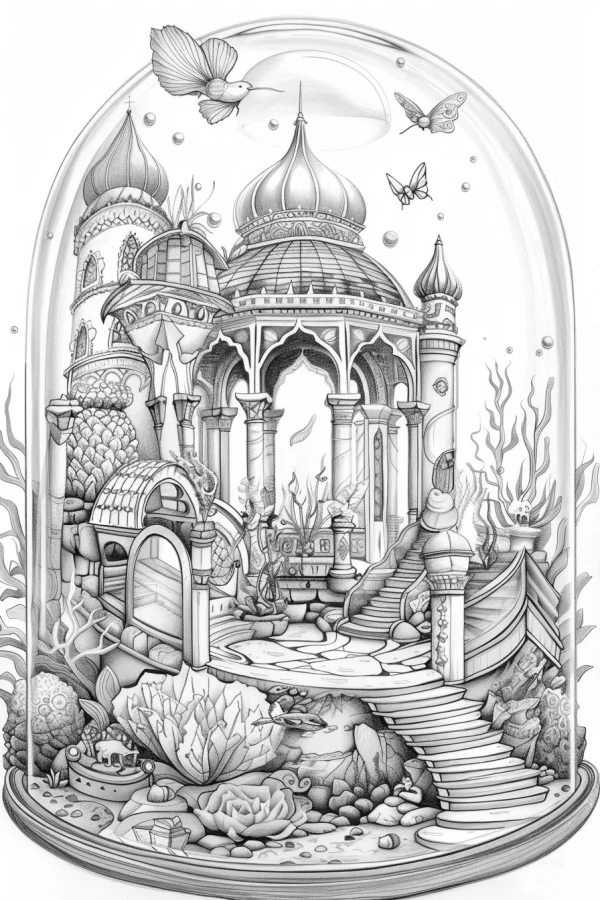 Fantasy underwater castle inside a glass dome, intricate line art — free printable ocean coloring book page