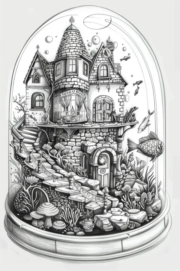 Fantasy underwater cottage enclosed in a glass dome, fairy tale illustration style — free printable ocean coloring book page