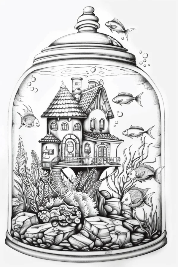 Underwater fairy tale cottage inside a glass dome, fairy tale illustration style — free printable ocean coloring book page