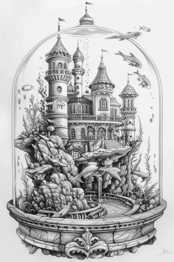 Underwater fairy tale castle enclosed in a glass dome, fairy tale and realistic line art style — free printable ocean coloring book page