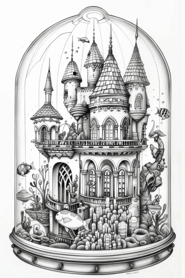 Underwater fantasy castle enclosed in a glass dome, fantasy illustration style — free printable architecture coloring book page