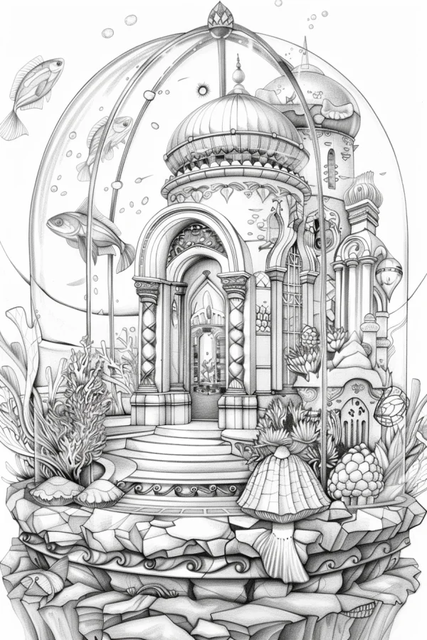 Underwater fantasy palace, intricate fantasy line art — free printable architecture coloring book page