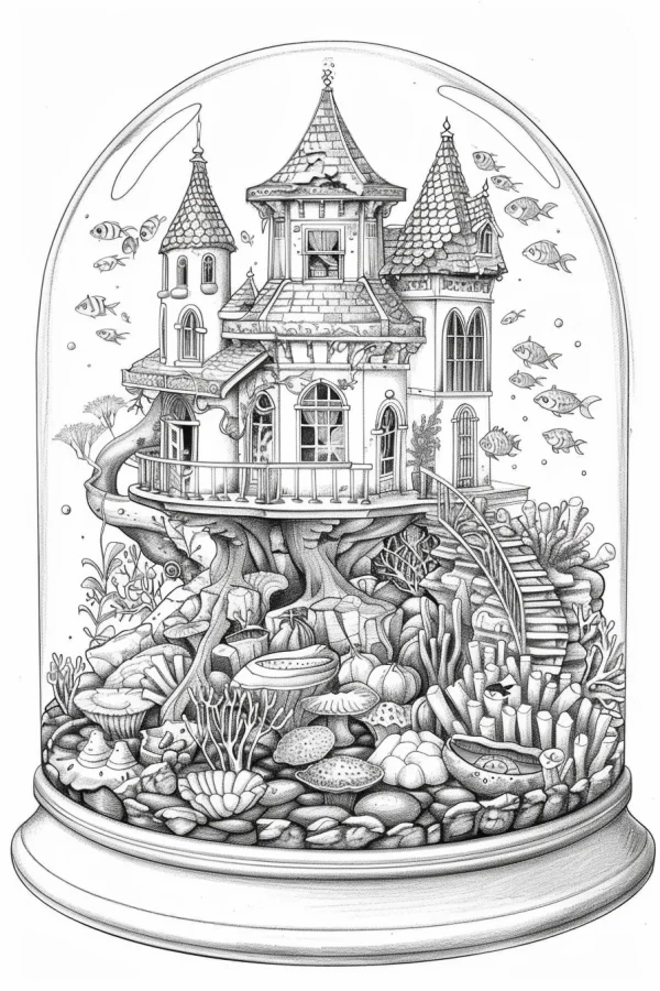 Underwater fairy tale castle inside a glass dome, fairy tale style — free printable ocean coloring book page