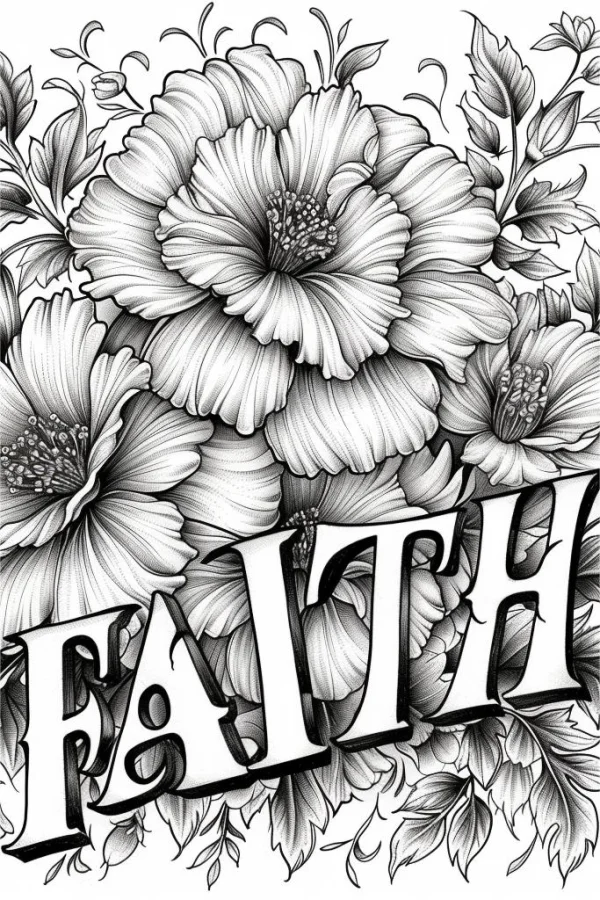 Large hibiscus flowers with 3d artistic text 'faith', realistic line art style — free printable inspirational coloring book page