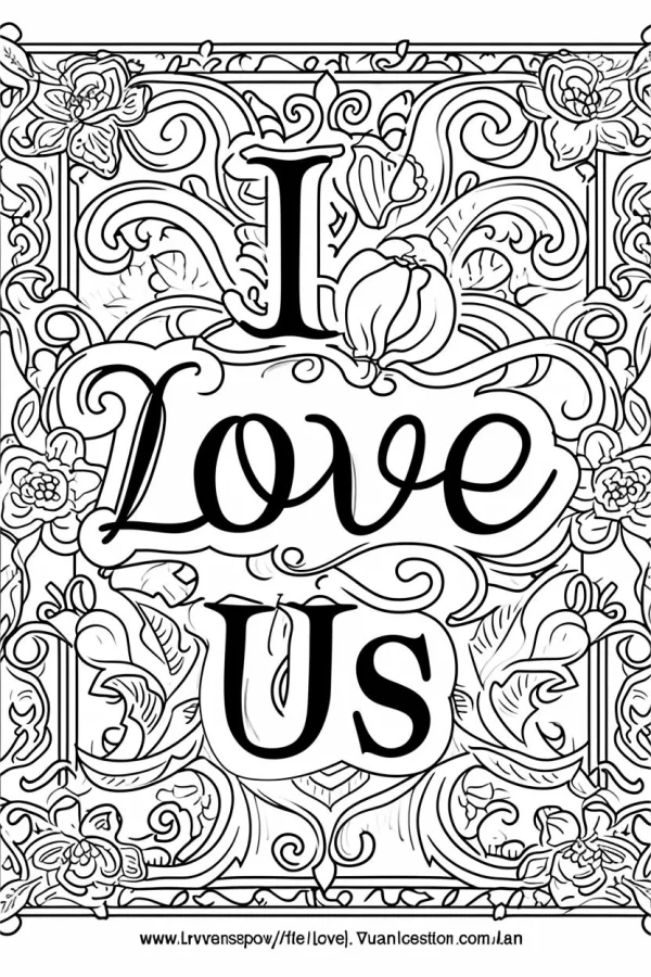 Decorative art-style border surrounding 'i love us' calligraphy, adorned with floral vines — free printable family coloring book page
