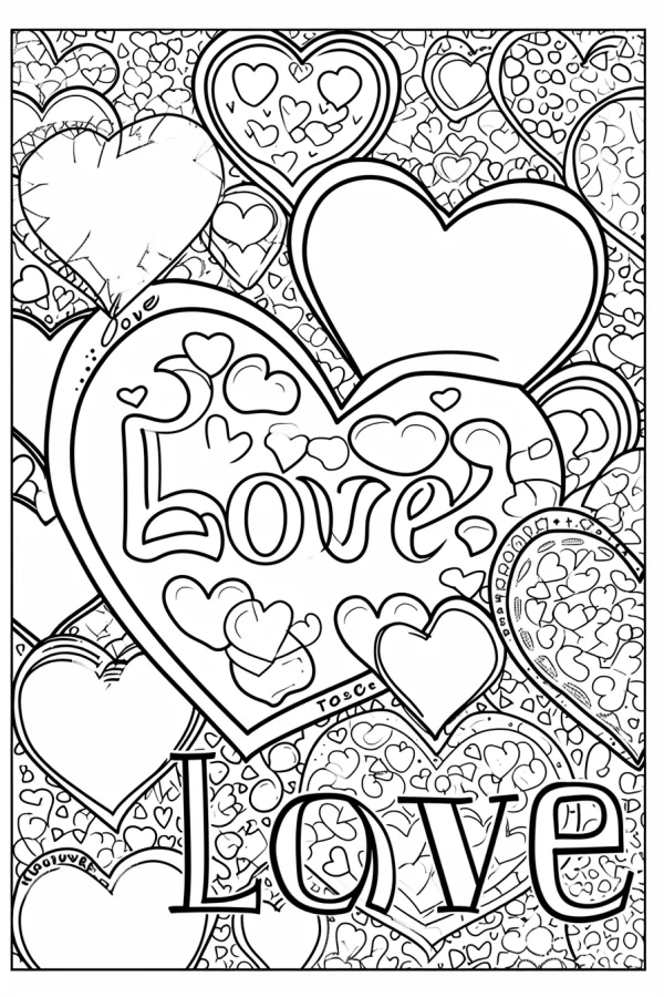Combination of various hearts and 'love' text, decorative cartoon style — free printable valentine's day coloring book page