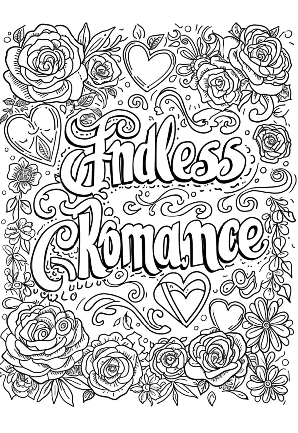 'endless romance' decorative lettering surrounded by roses, hearts and floral elements — free printable romance coloring book page