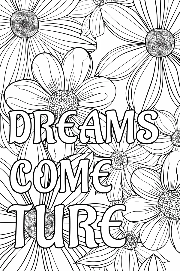 Floral pattern with motivational text 'dreams come ture', line art illustration style — free printable inspirational coloring book page