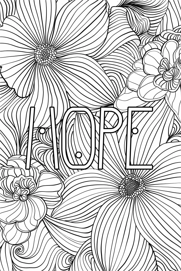 'hope' outline lettering surrounded by intricate floral line art, decorative organic curved and spiral lines — free printable inspirational coloring book page