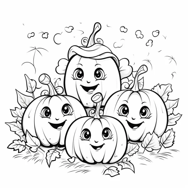 Coloring book page, cute anthropomorphic pumpkin family — free printable autumn coloring book page