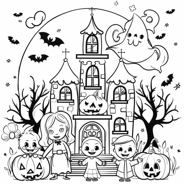 Cute halloween scene with kids and jack-o'-lanterns in front of a spooky castle, cartoon style — free printable children coloring book page
