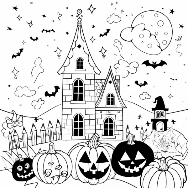 Halloween pumpkin lanterns and haunted house, cartoon style — free printable entertainment coloring book page