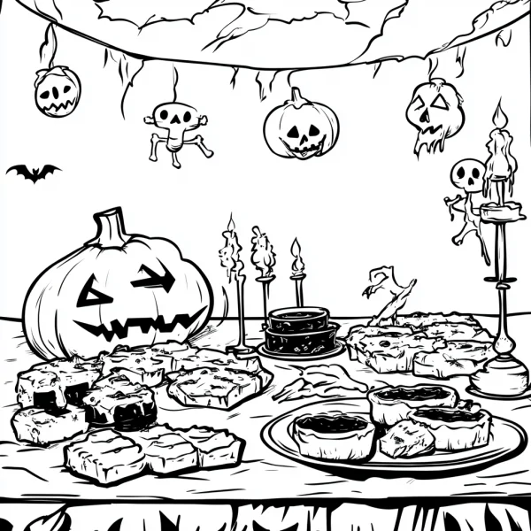 Halloween themed dinner table scene, cartoon style — free printable halloween coloring book page