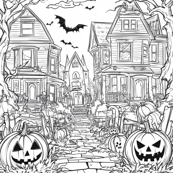 Halloween horror haunted neighborhood with jack-o'-lanterns, gothic dark style — free printable halloween coloring book page