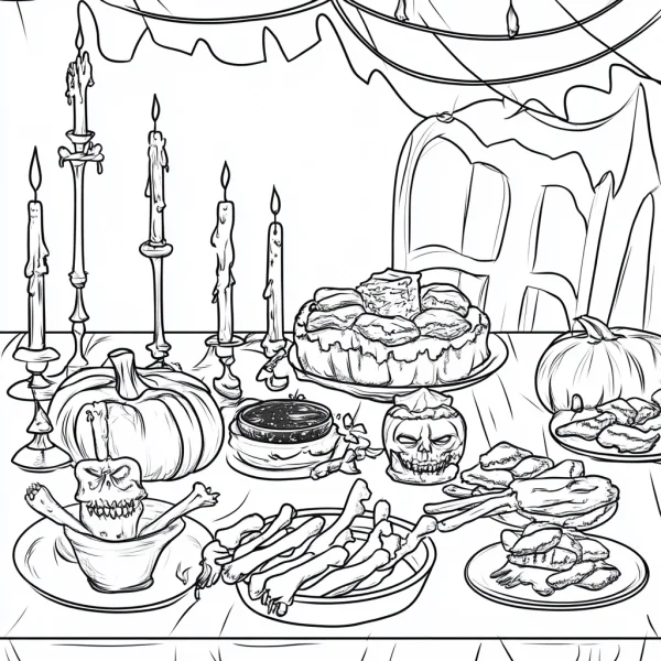 Halloween horror dining table with skulls, pumpkins — free printable halloween coloring book page