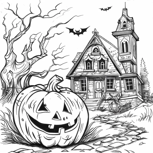 Jack-o'-lantern and spooky haunted house, gothic cartoon style — free printable halloween coloring book page